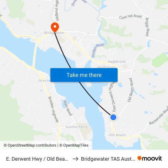 E. Derwent Hwy / Old Beach Rd to Bridgewater TAS Australia map