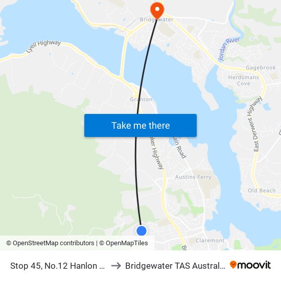 Stop 45, No.12 Hanlon St to Bridgewater TAS Australia map