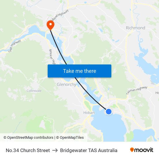 No.34 Church Street to Bridgewater TAS Australia map
