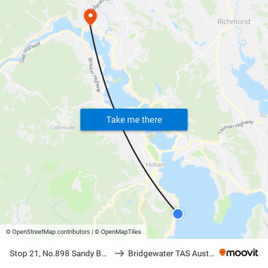 Stop 21, No.898 Sandy Bay Rd to Bridgewater TAS Australia map