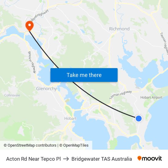 Acton Rd Near Tepco Pl to Bridgewater TAS Australia map