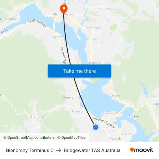 Glenorchy Terminus C to Bridgewater TAS Australia map
