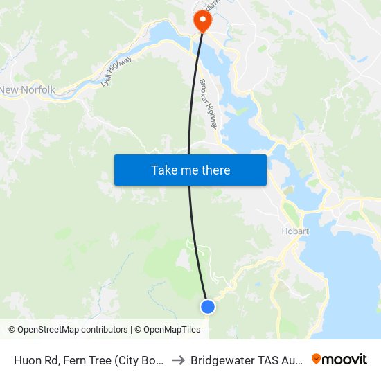 Huon Rd, Fern Tree (City Boundary) to Bridgewater TAS Australia map