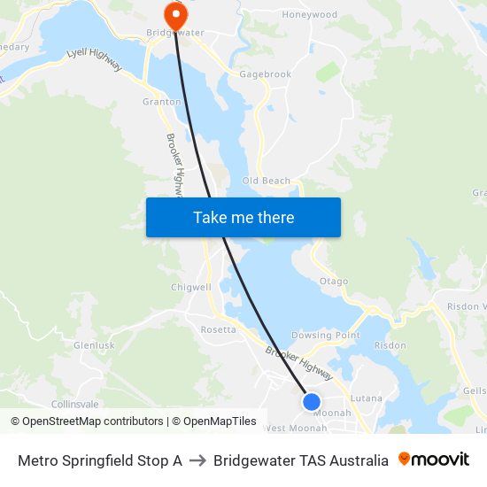 Metro Springfield Stop A to Bridgewater TAS Australia map