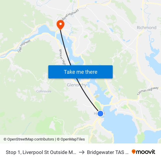 Stop 1, Liverpool St Outside Menzies Centre to Bridgewater TAS Australia map