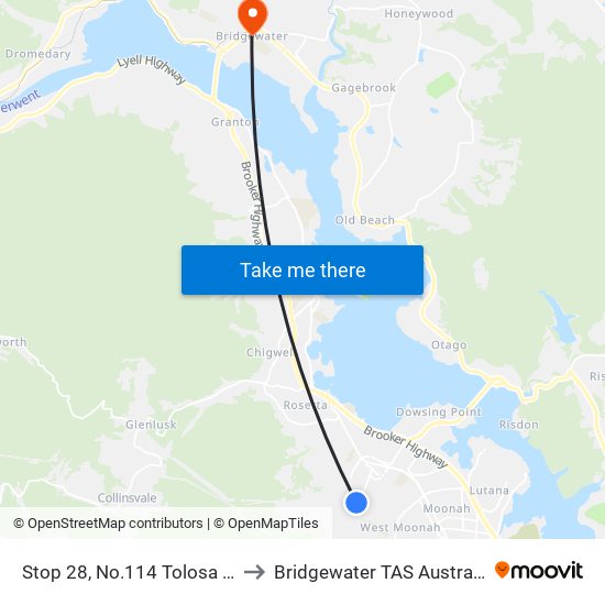 Stop 28, No.114 Tolosa St to Bridgewater TAS Australia map