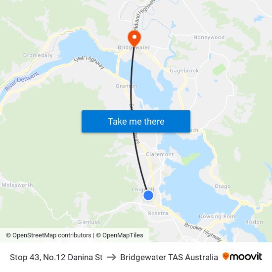 Stop 43, No.12 Danina St to Bridgewater TAS Australia map