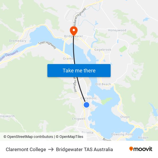 Claremont College to Bridgewater TAS Australia map