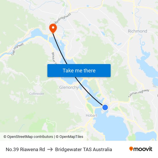 No.39 Riawena Rd to Bridgewater TAS Australia map