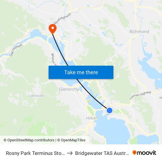 Rosny Park Terminus Stop F to Bridgewater TAS Australia map