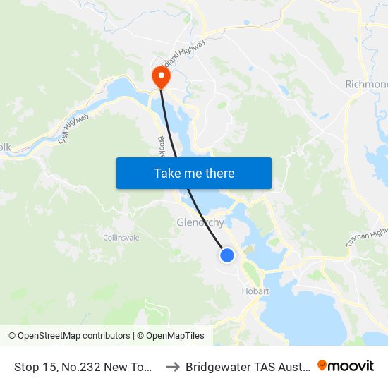Stop 15, No.232 New Town Rd to Bridgewater TAS Australia map