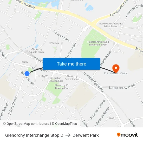 Glenorchy Interchange Stop D to Derwent Park map