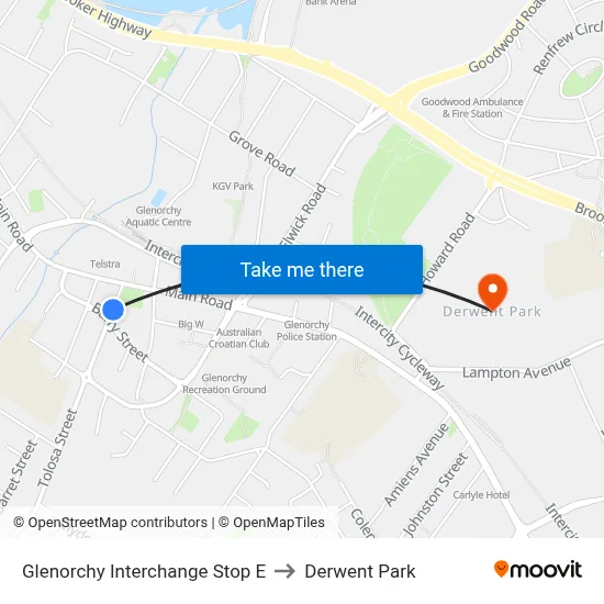 Glenorchy Interchange Stop E to Derwent Park map