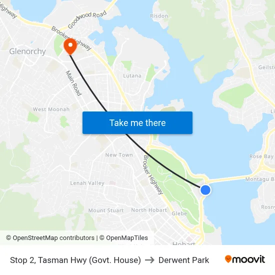 Stop 2, Tasman Hwy  (Govt. House) to Derwent Park map