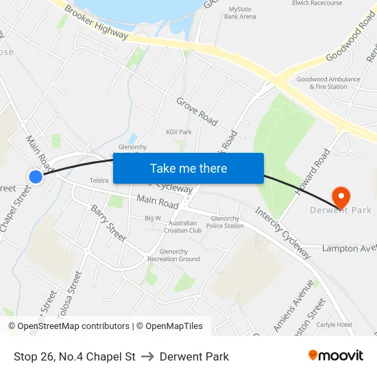 Stop 26, No.4 Chapel St to Derwent Park map