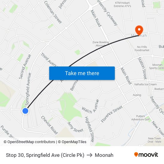 Stop 30, Springfield Ave (Circle Pk) to Moonah map