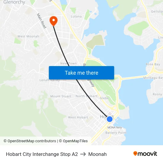 Hobart City Interchange Stop A2 to Moonah map