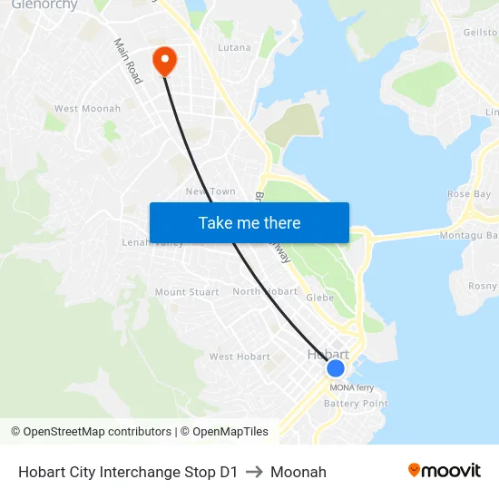 Hobart City Interchange Stop D1 to Moonah map