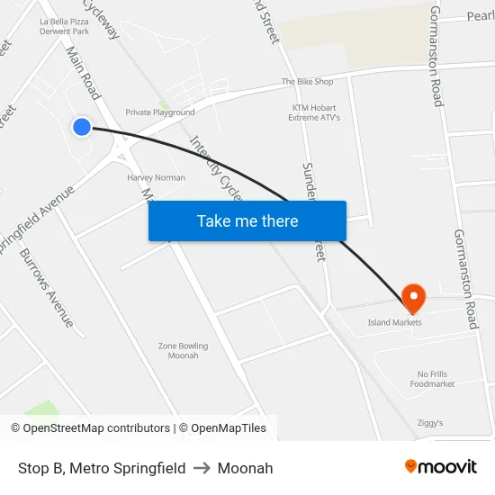 Stop B, Metro Springfield to Moonah map