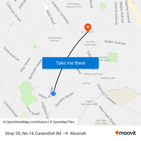 Stop 30, No.16 Cavendish Rd to Moonah map