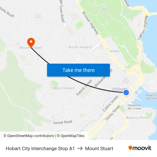 Hobart City Interchange Stop A1 to Mount Stuart map
