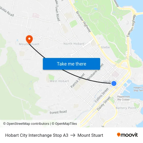 Hobart City Interchange Stop A3 to Mount Stuart map