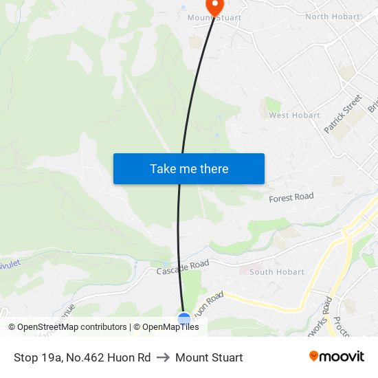 Stop 19a, No.462 Huon Rd to Mount Stuart map