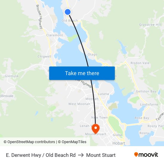 E. Derwent Hwy / Old Beach Rd to Mount Stuart map