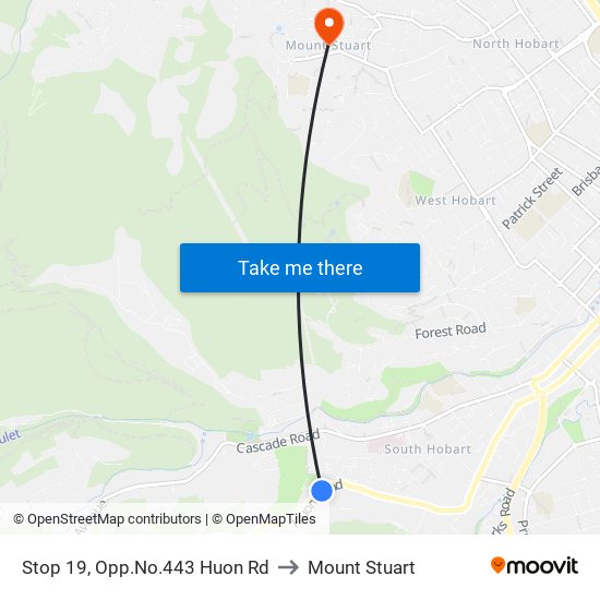 Stop 19, Opp.No.443 Huon Rd to Mount Stuart map