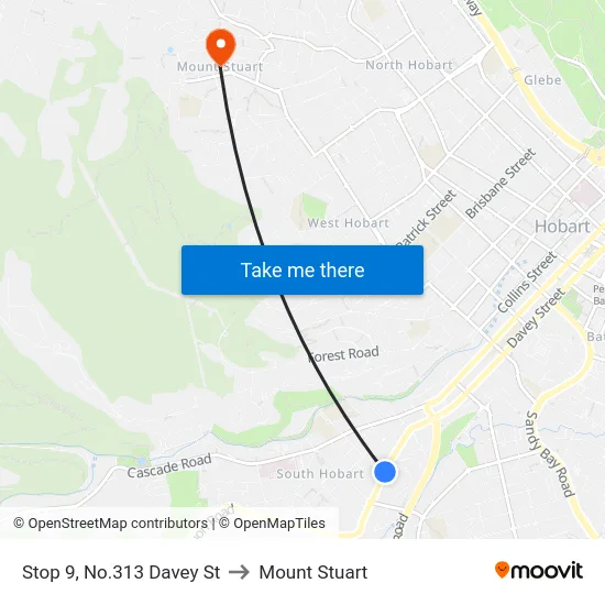Stop 9, No.313 Davey St to Mount Stuart map