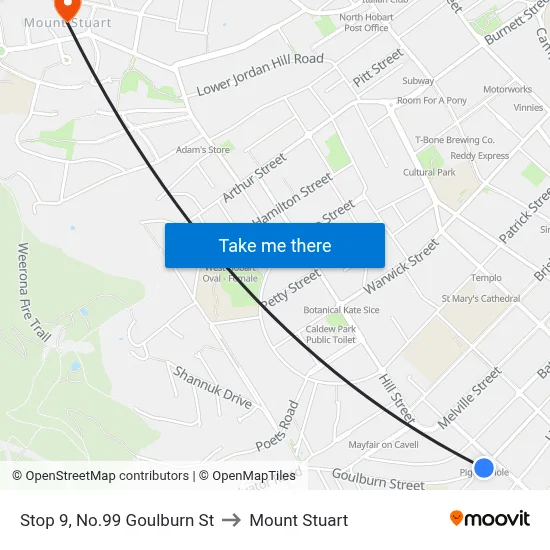Stop 9, No.99 Goulburn St to Mount Stuart map