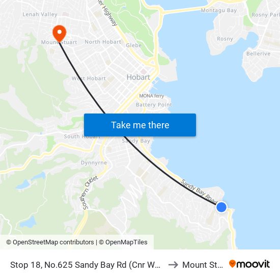 Stop 18, No.625 Sandy Bay Rd (Cnr Wayne Ave) to Mount Stuart map