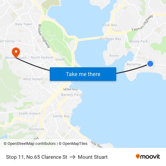 Stop 11, No.65 Clarence St to Mount Stuart map
