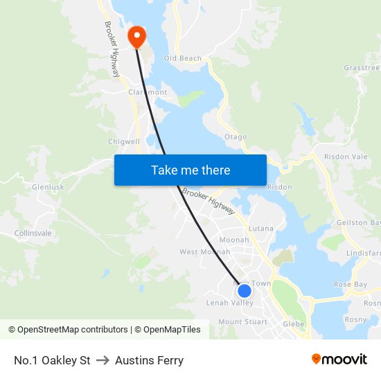 No.1 Oakley St to Austins Ferry map