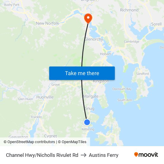 Channel Hwy/Nicholls Rivulet Rd to Austins Ferry map