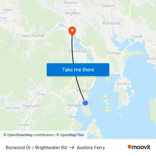 Burwood Dr / Brightwater Rd to Austins Ferry map