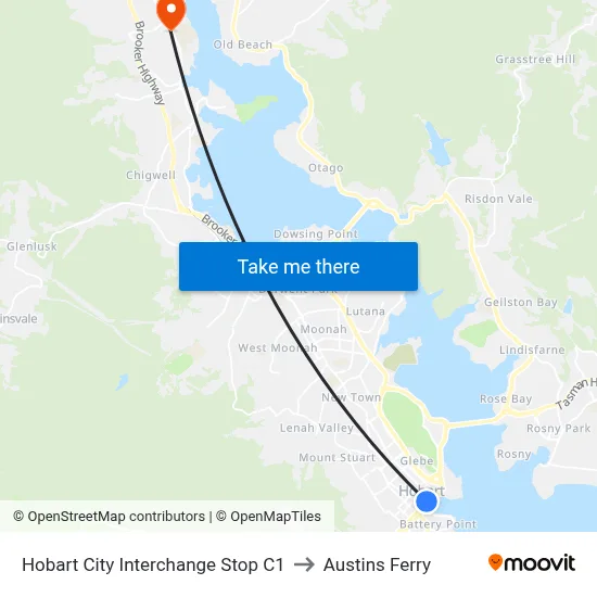 Hobart City Interchange Stop C1 to Austins Ferry map