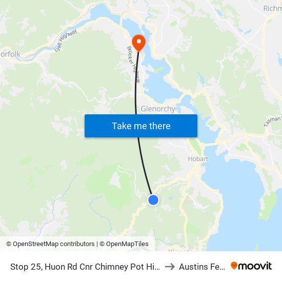 Stop 25, Huon Rd Cnr Chimney Pot Hill Rd to Austins Ferry map