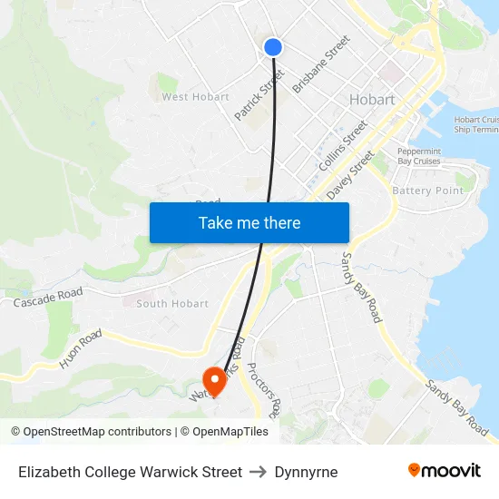 Elizabeth College Warwick Street to Dynnyrne map