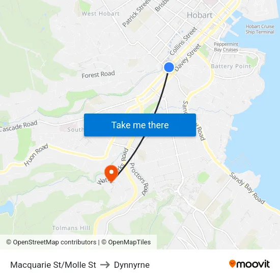 Macquarie St/Molle St to Dynnyrne map