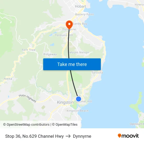 Stop 36, No.629 Channel Hwy to Dynnyrne map
