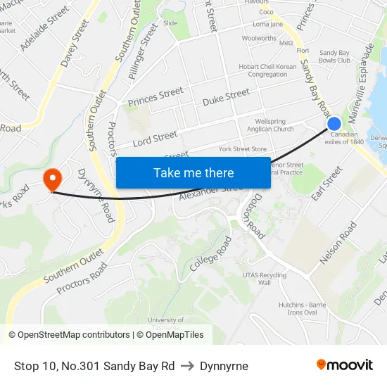 Stop 10, No.301 Sandy Bay Rd to Dynnyrne map