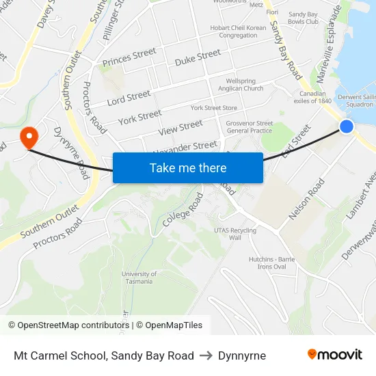 Mt Carmel School, Sandy Bay Road to Dynnyrne map