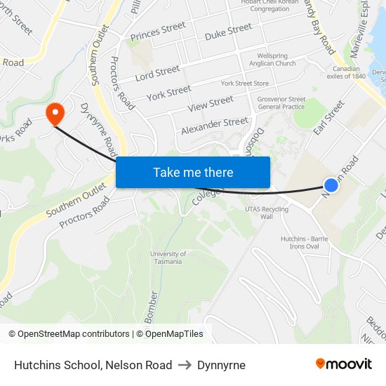 Hutchins School, Nelson Road to Dynnyrne map