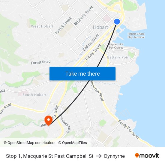 Stop 1, Macquarie St Past Campbell St to Dynnyrne map