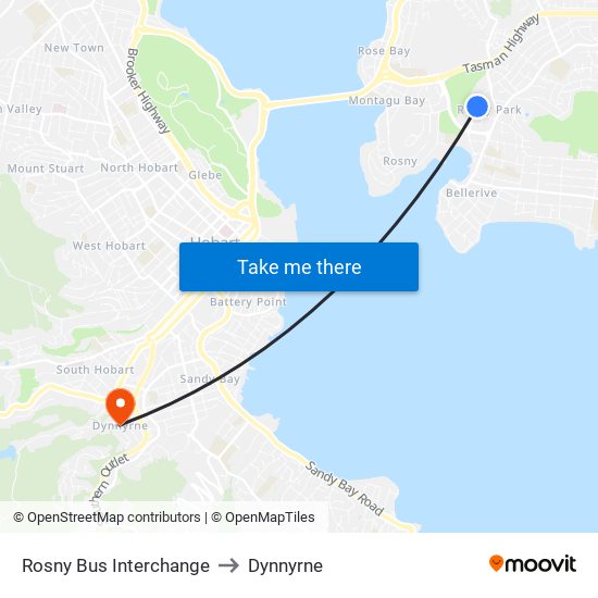 Rosny Bus Interchange to Dynnyrne map