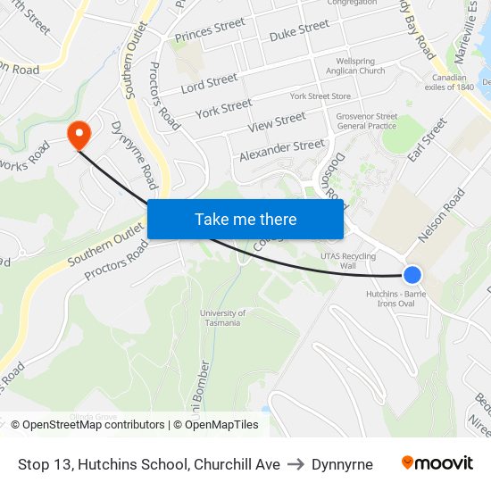 Stop 13, Hutchins School, Churchill Ave to Dynnyrne map