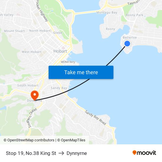 Stop 19, No.38 King St to Dynnyrne map