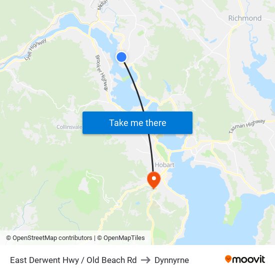 East Derwent Hwy / Old Beach Rd to Dynnyrne map