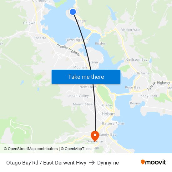 Otago Bay Rd / East Derwent Hwy to Dynnyrne map